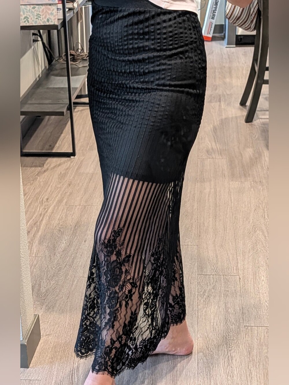Pleated Black Maxi Skirt with Lace Hem